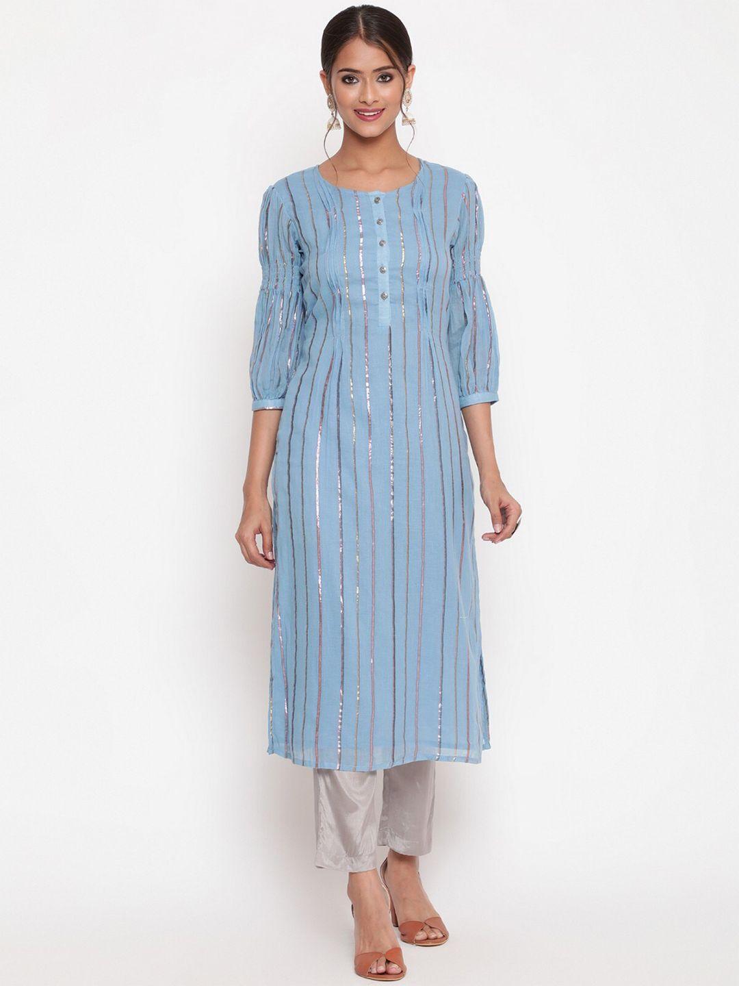 savi women blue geometric striped flared sleeves sequinned kurta