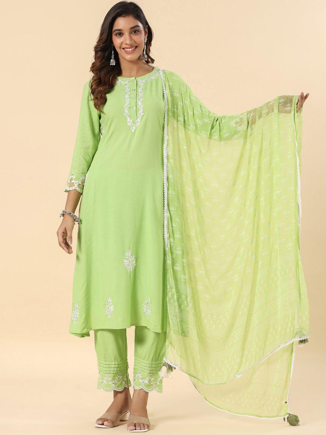 savi women green embroidered regular kurta with trousers & with dupatta