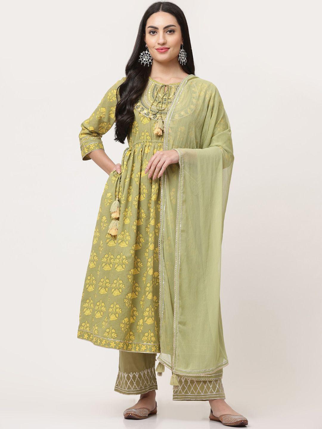 savi women green embroidered regular sequinned pure cotton kurta with trousers & with dupatta