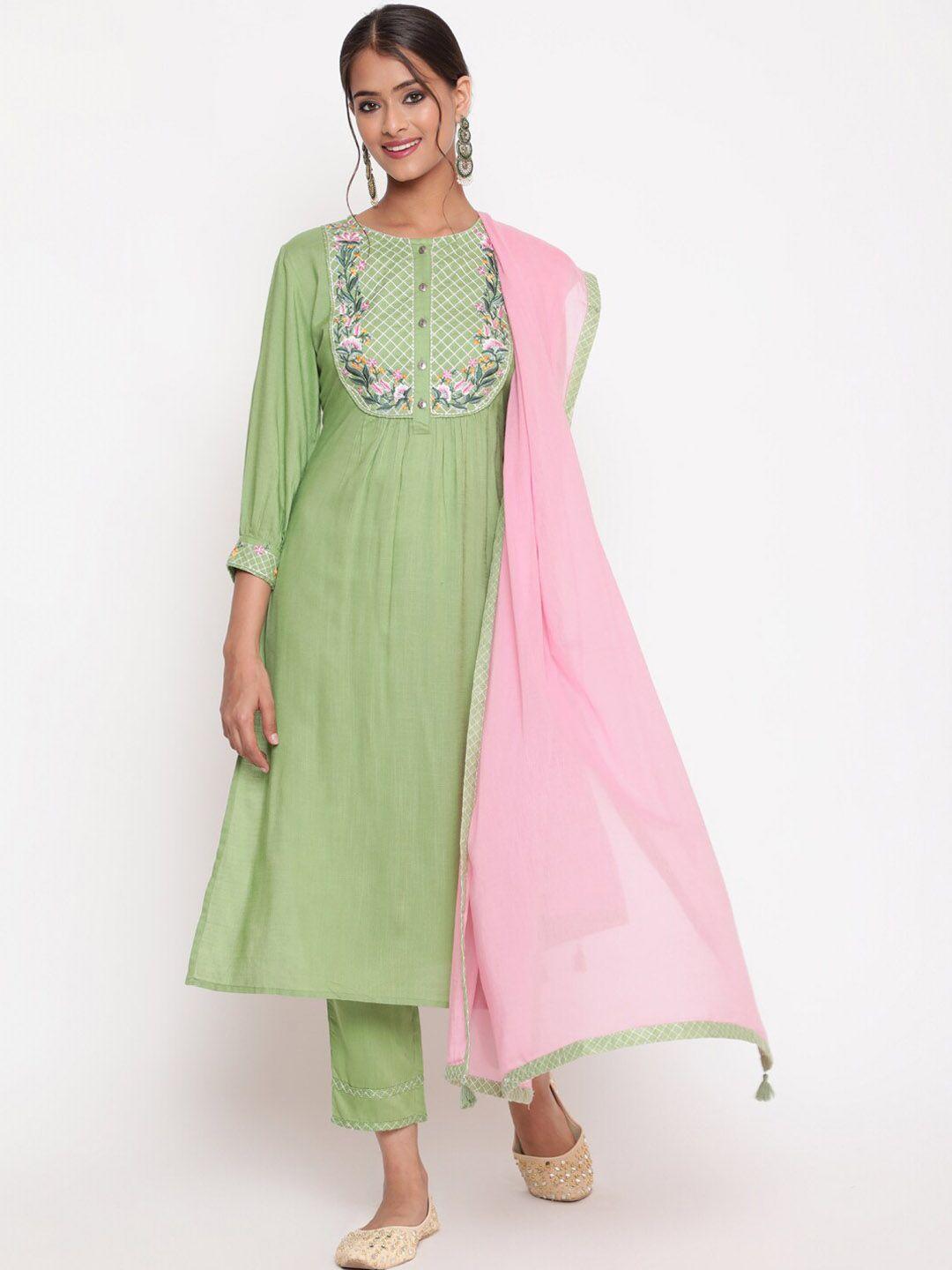 savi women green floral embroidered empire thread work kurta with trousers & with dupatta