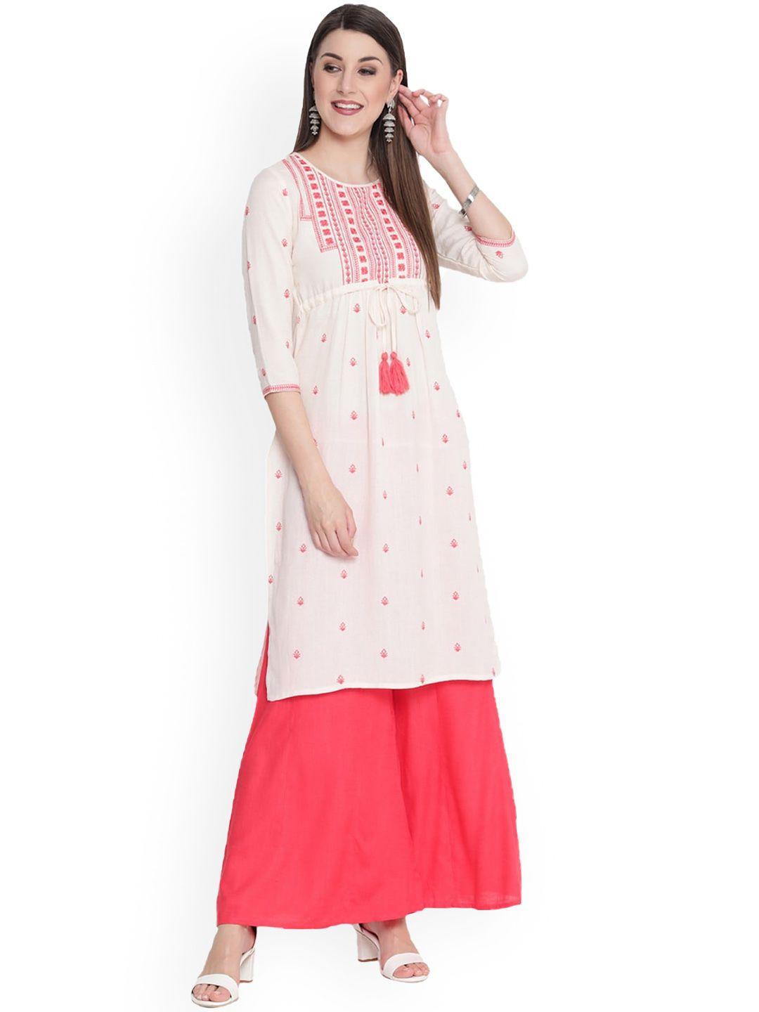 savi women off white embroidered regular kurta with palazzos