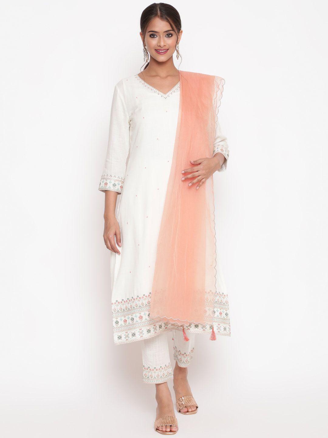 savi women off white floral embroidered regular kurta with trousers & with dupatta