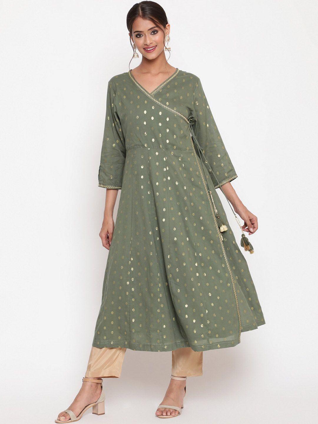 savi women olive green geometric anarkali kurta