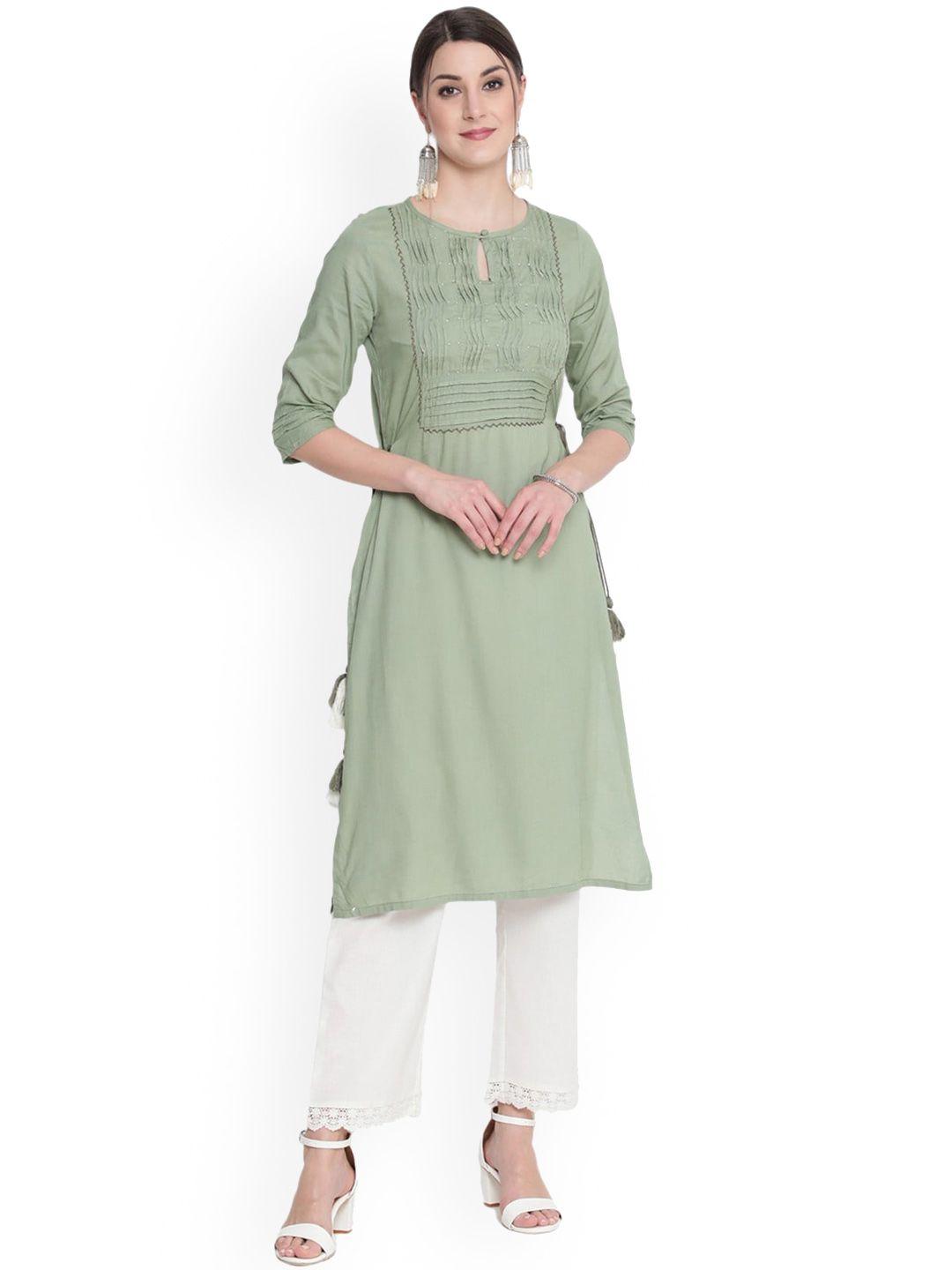 savi women olive green keyhole neck kurta