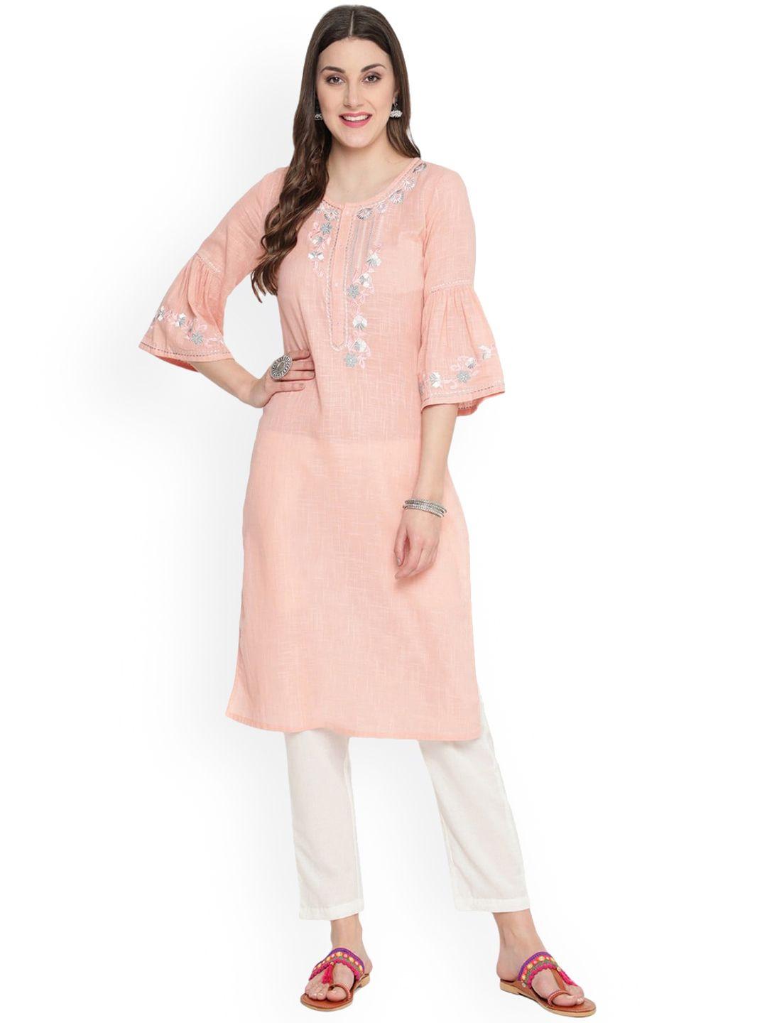 savi women peach-coloured embroidered bell sleeves kurta