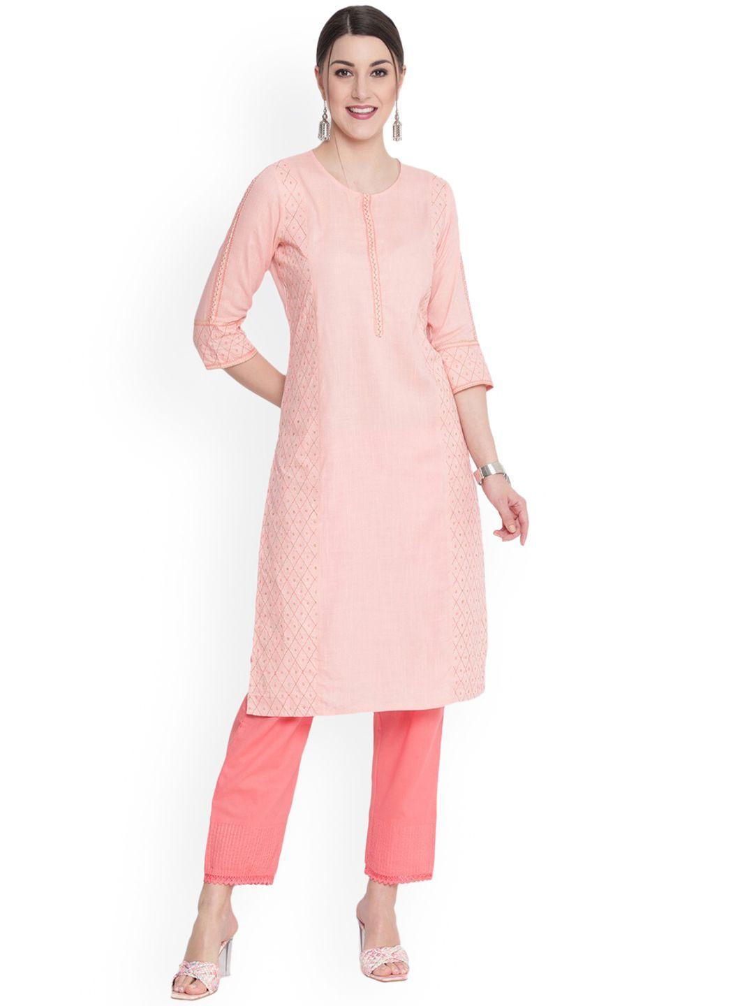 savi women peach-coloured embroidered kurta