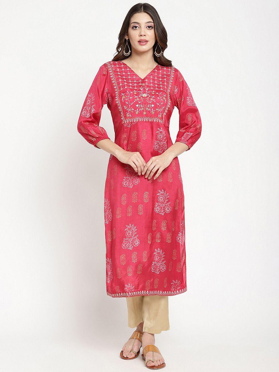 savi women pink ethnic motifs printed flared sleeves chikankari kurta