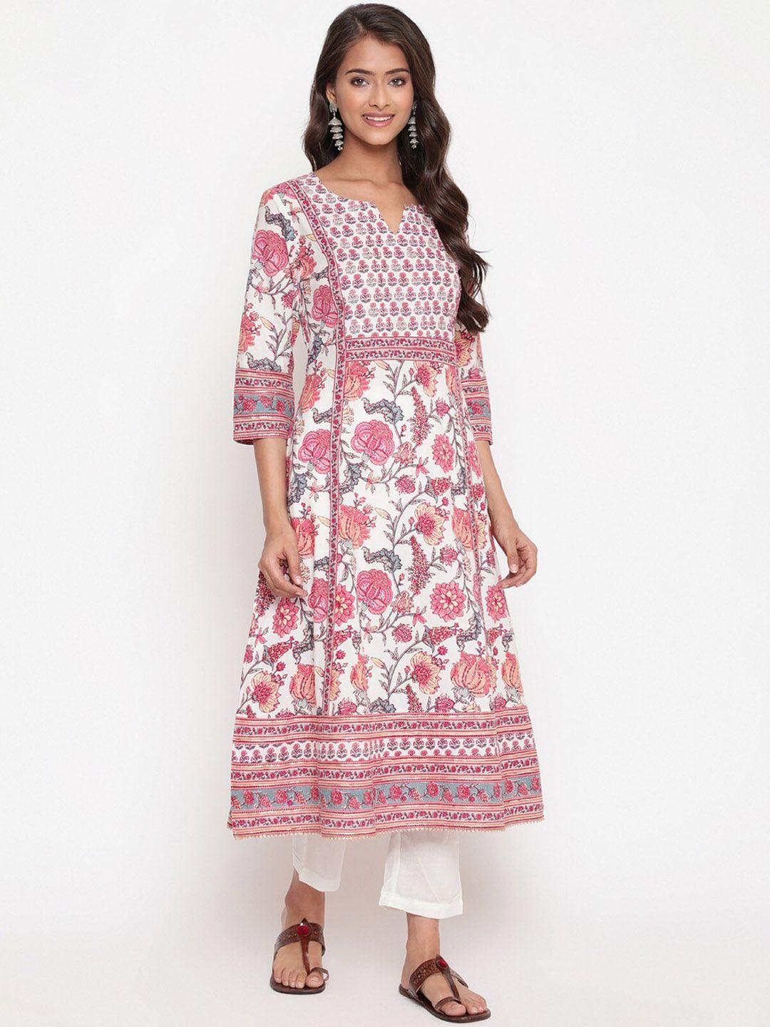 savi women pink ethnic motifs printed thread work kurta