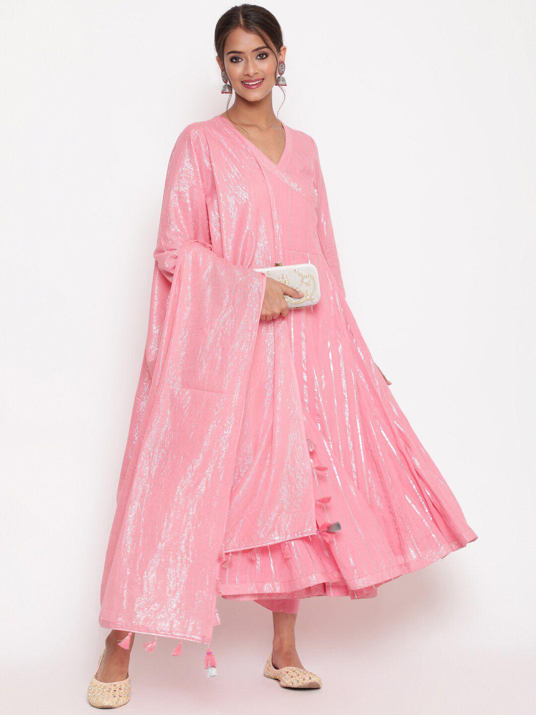 savi women pink striped angrakha gotta patti pure cotton kurta with trousers & with dupatta