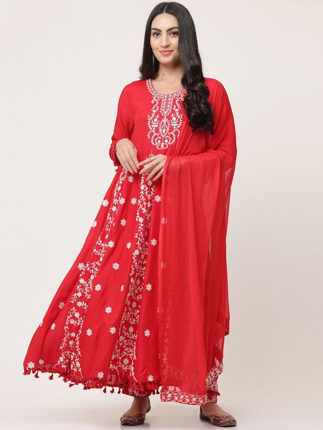 savi women red embroidered regular kurta with trousers & with dupatta