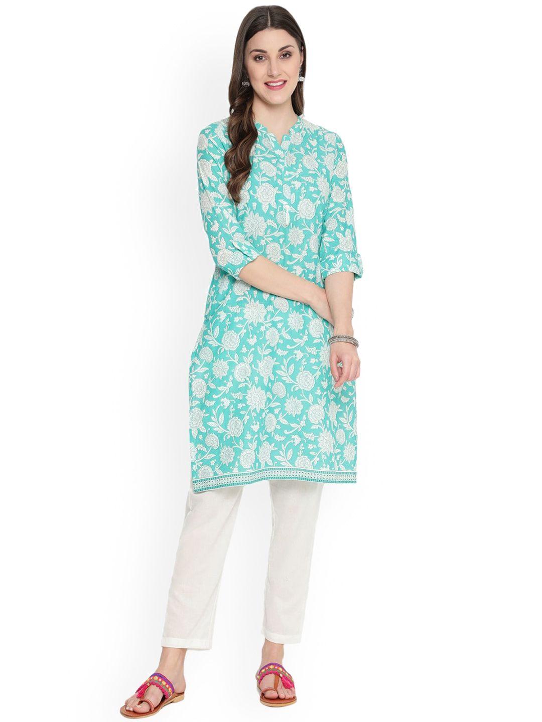 savi women teal floral printed floral kurta