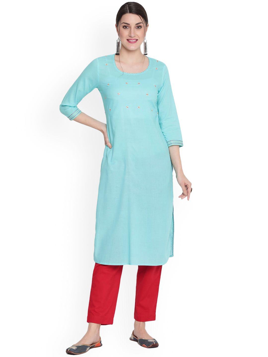 savi women turquoise blue embroidered kurta