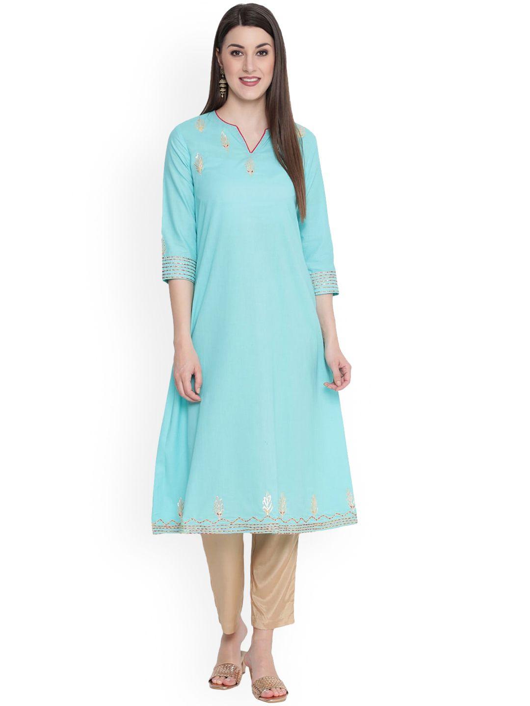 savi women turquoise blue embroidered kurta