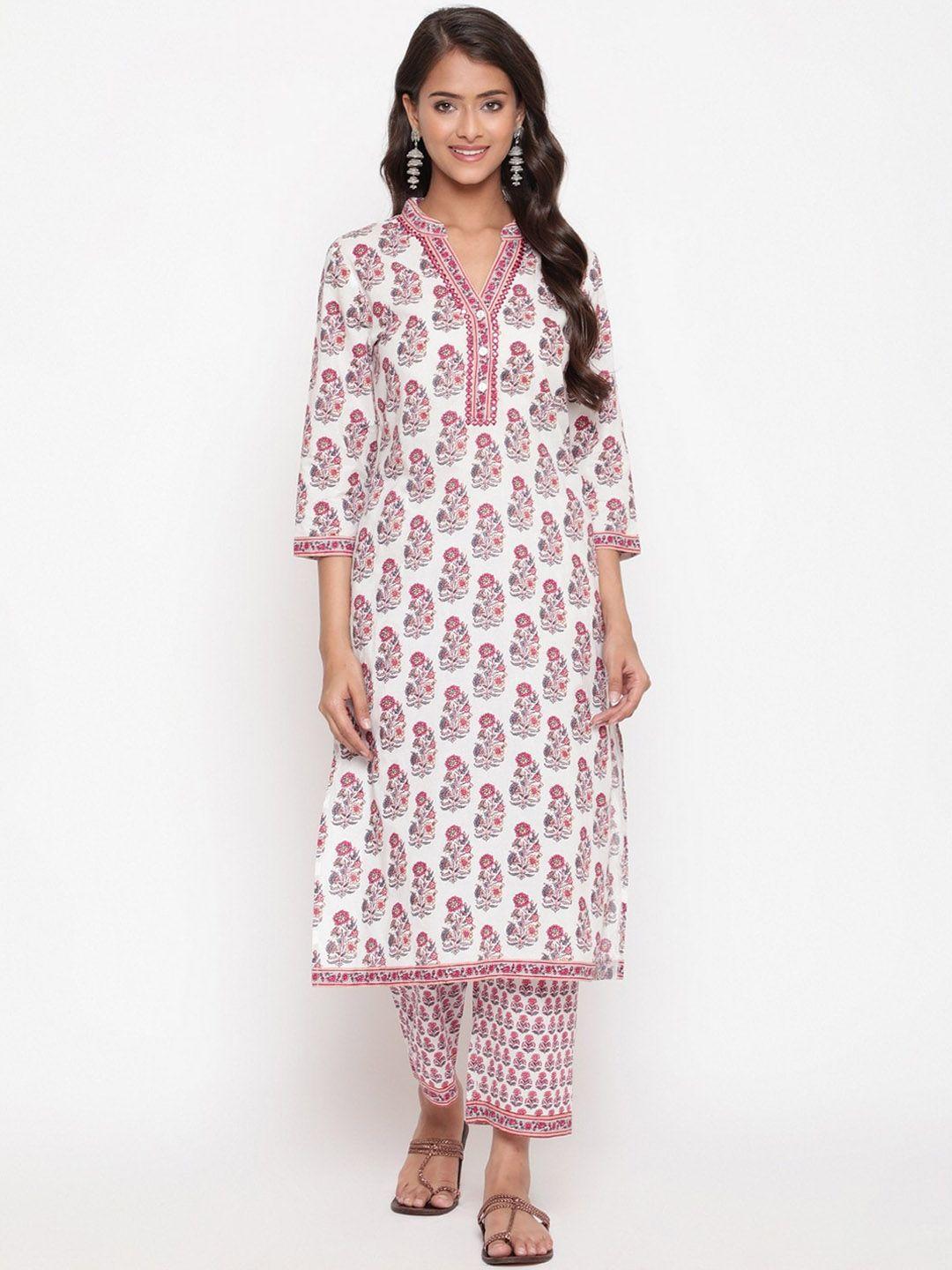 savi women white floral printed regular pure cotton kurta with trousers
