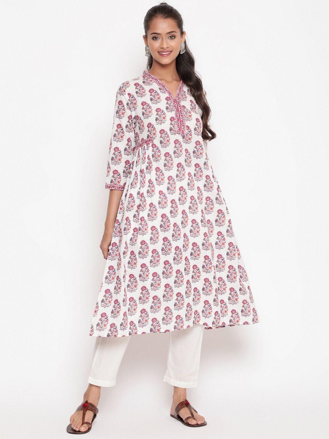 savi women white floral printed thread work kurta