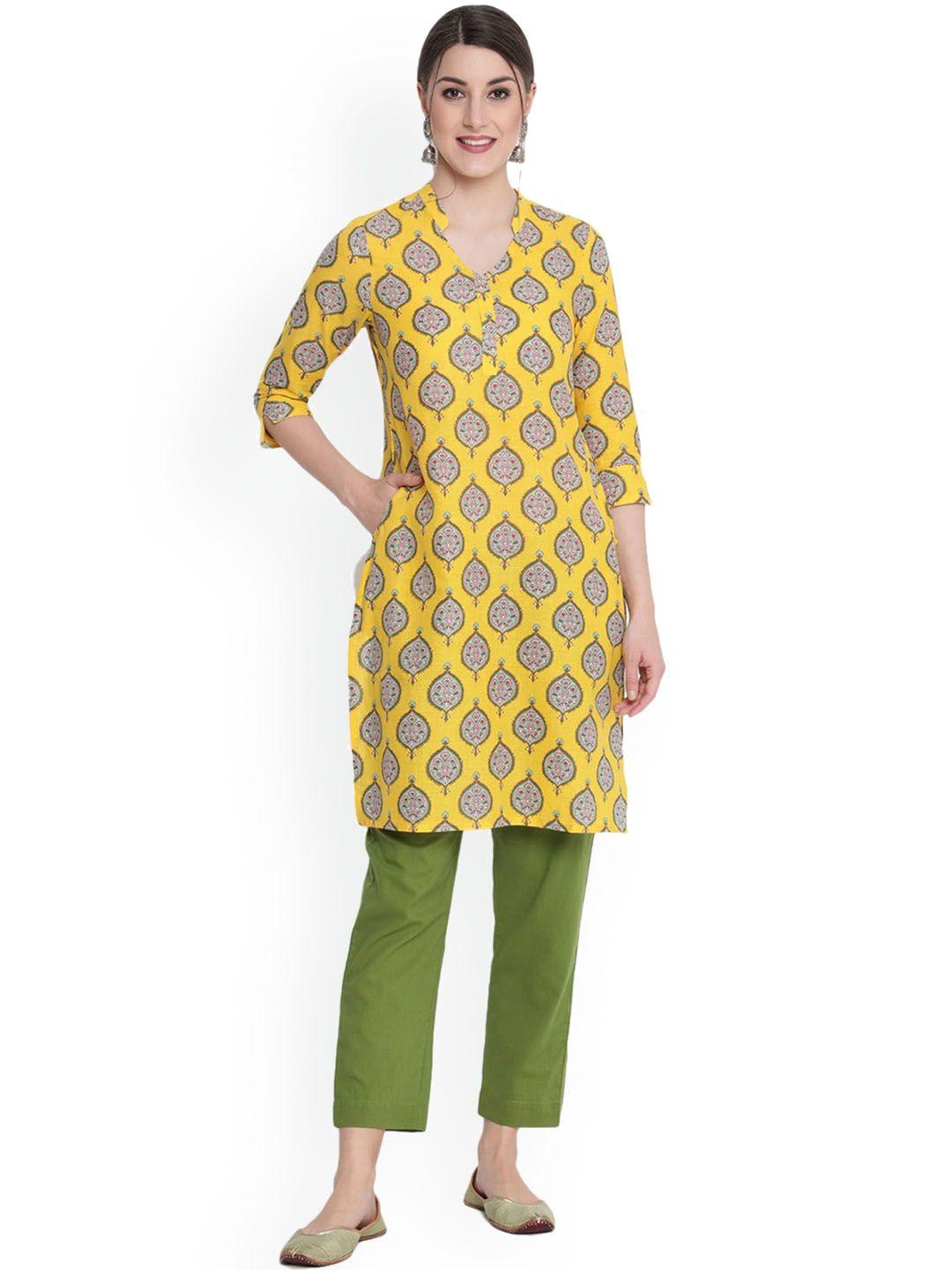 savi women yellow ethnic motifs printed kurta