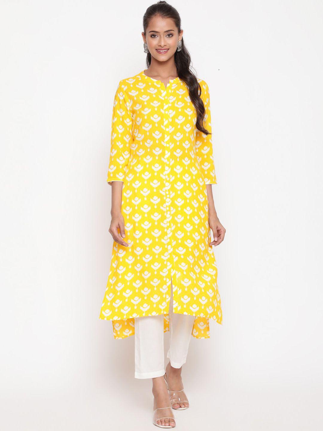 savi women yellow geometric printed thread work kurta