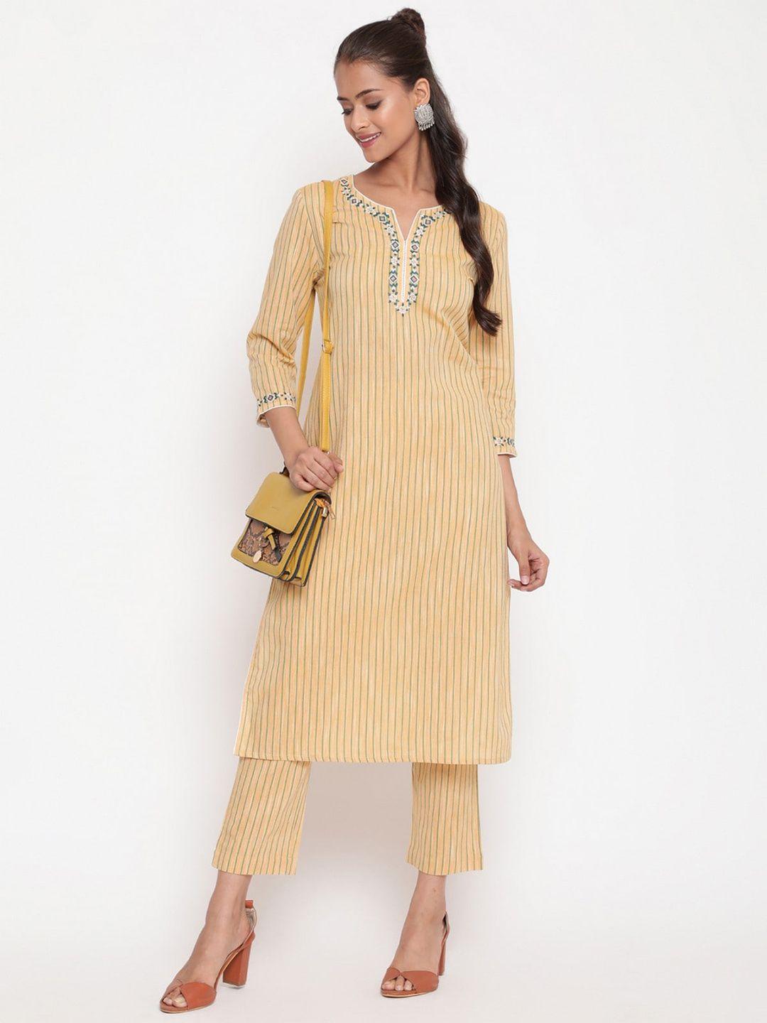 savi women yellow striped regular thread work pure cotton kurta with trousers