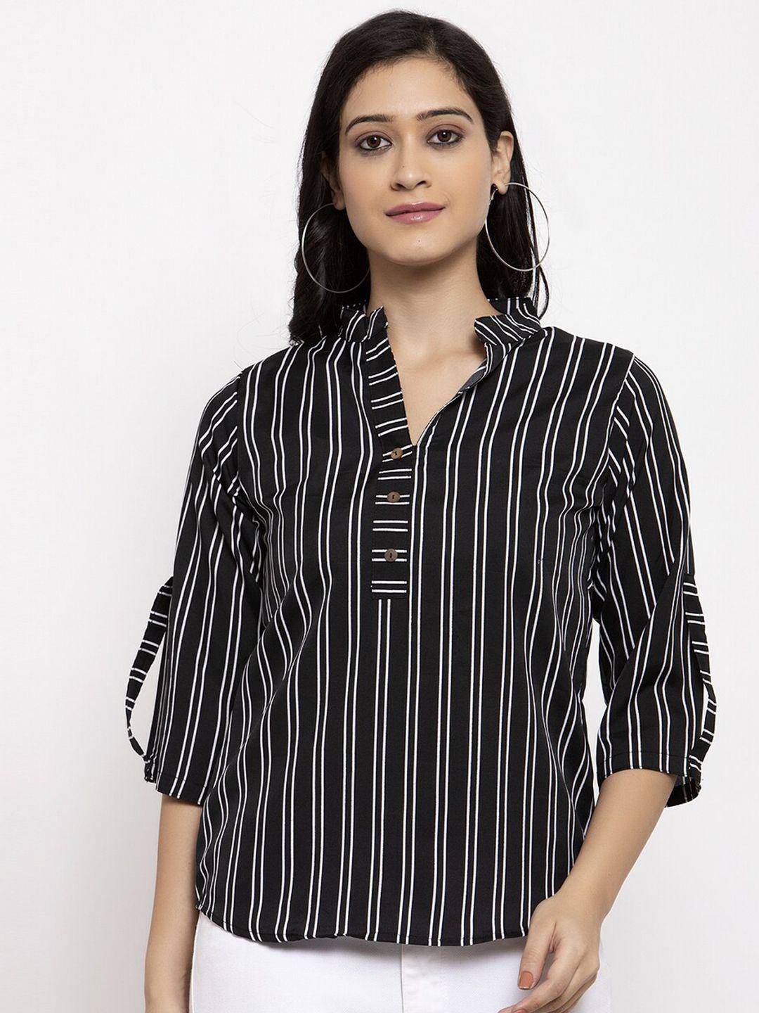 sayesha black & white striped mandarin collar shirt style top