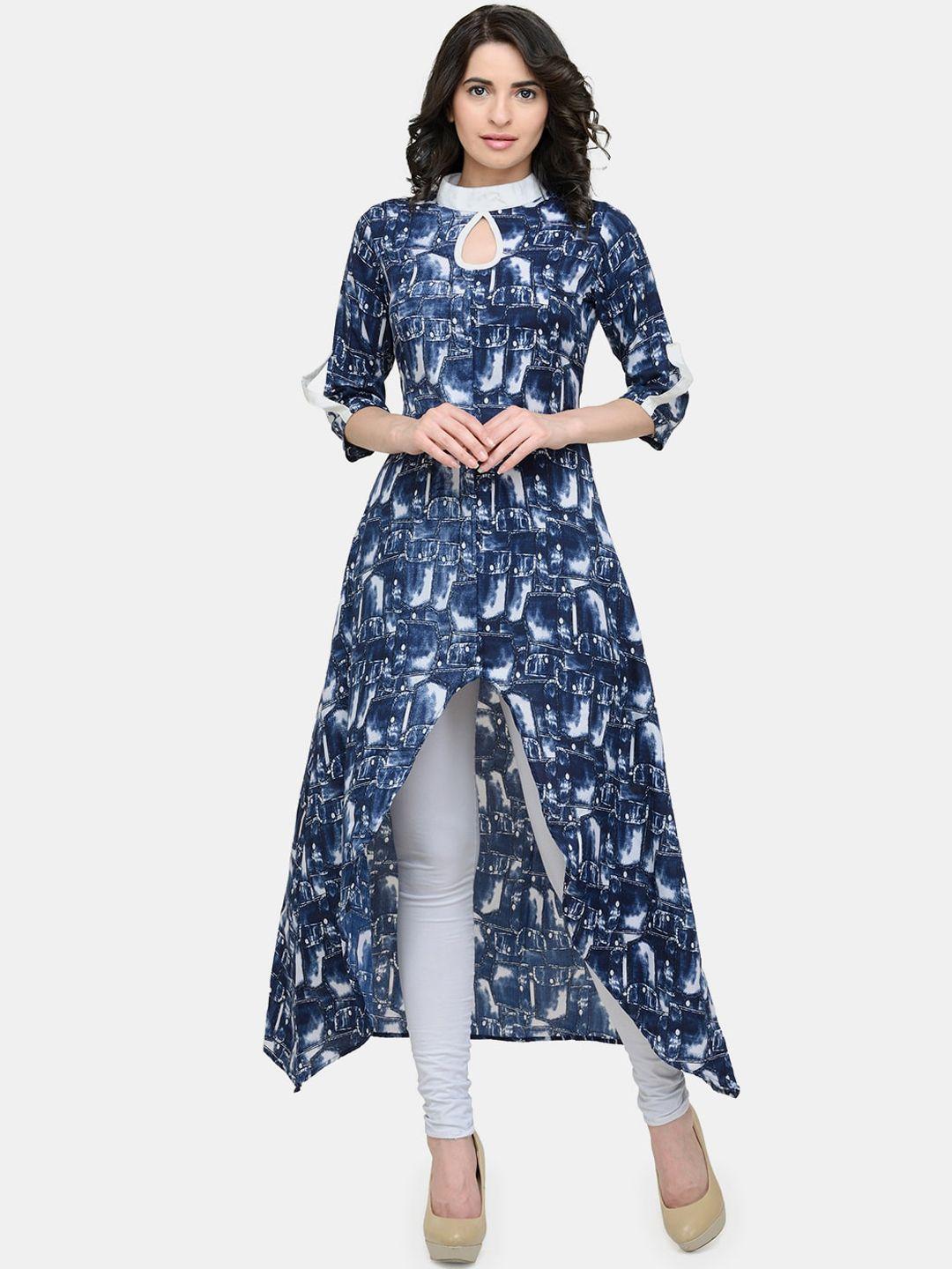 sayesha women blue & white printed keyhole neck crepe kurta