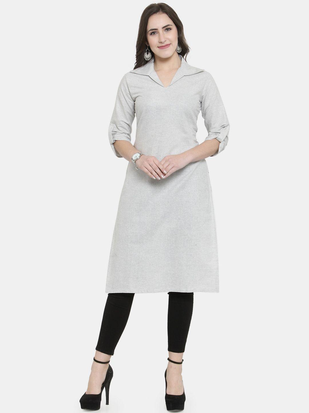 sayesha women grey solid shirt collar cotton a-line kurta