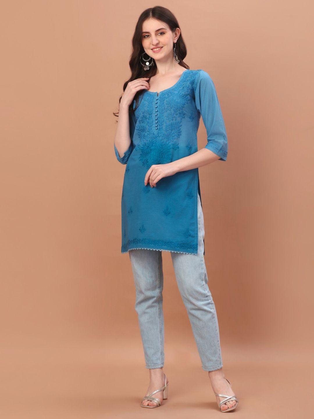 sazrika floral embroidered chikankari pure cotton kurti