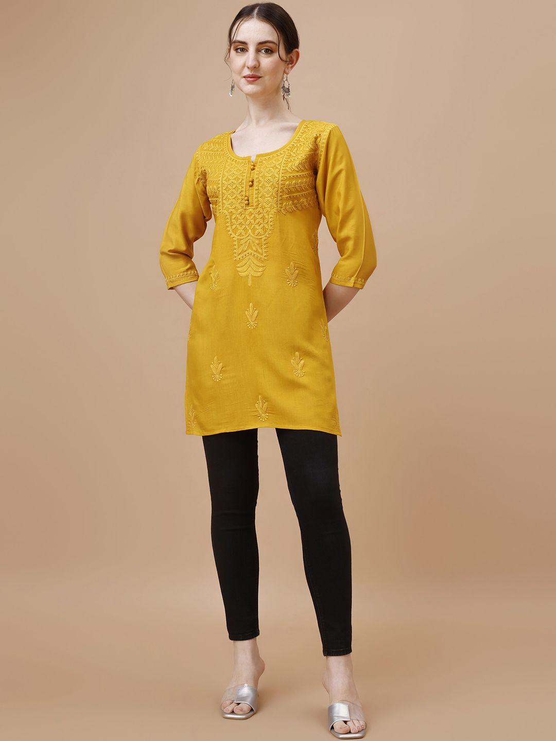 sazrika floral embroidered round neck three-quarter sleeve straight kurta