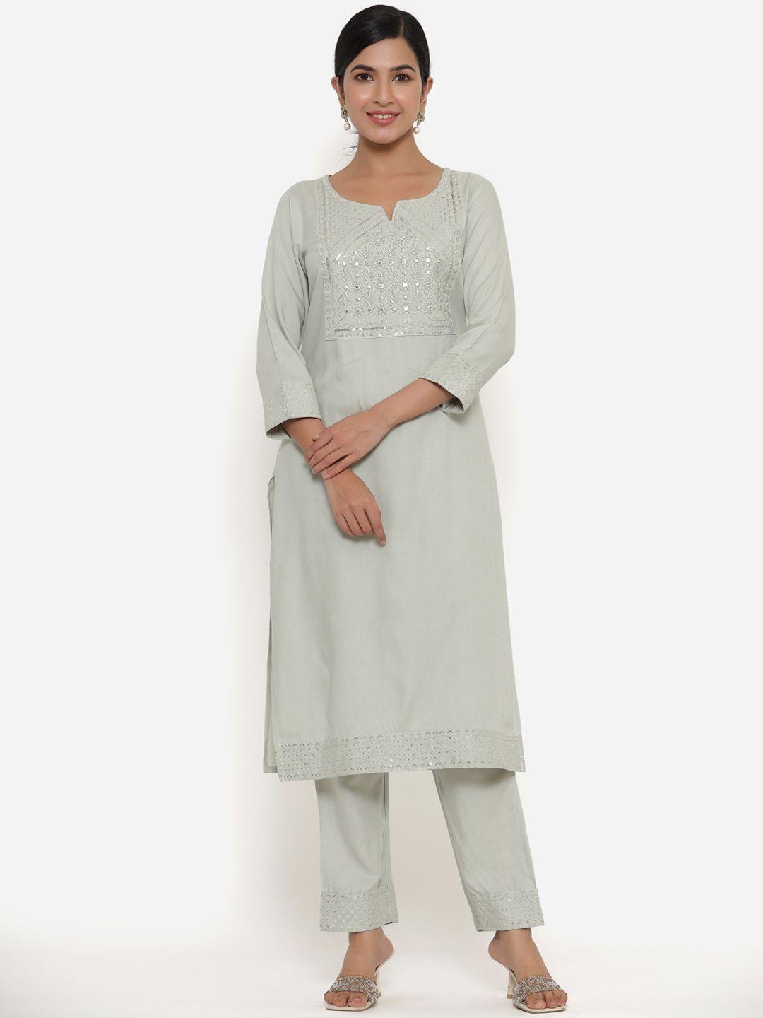 sbr baba kurti women grey ethnic motifs yoke design pleated kurti with trouser