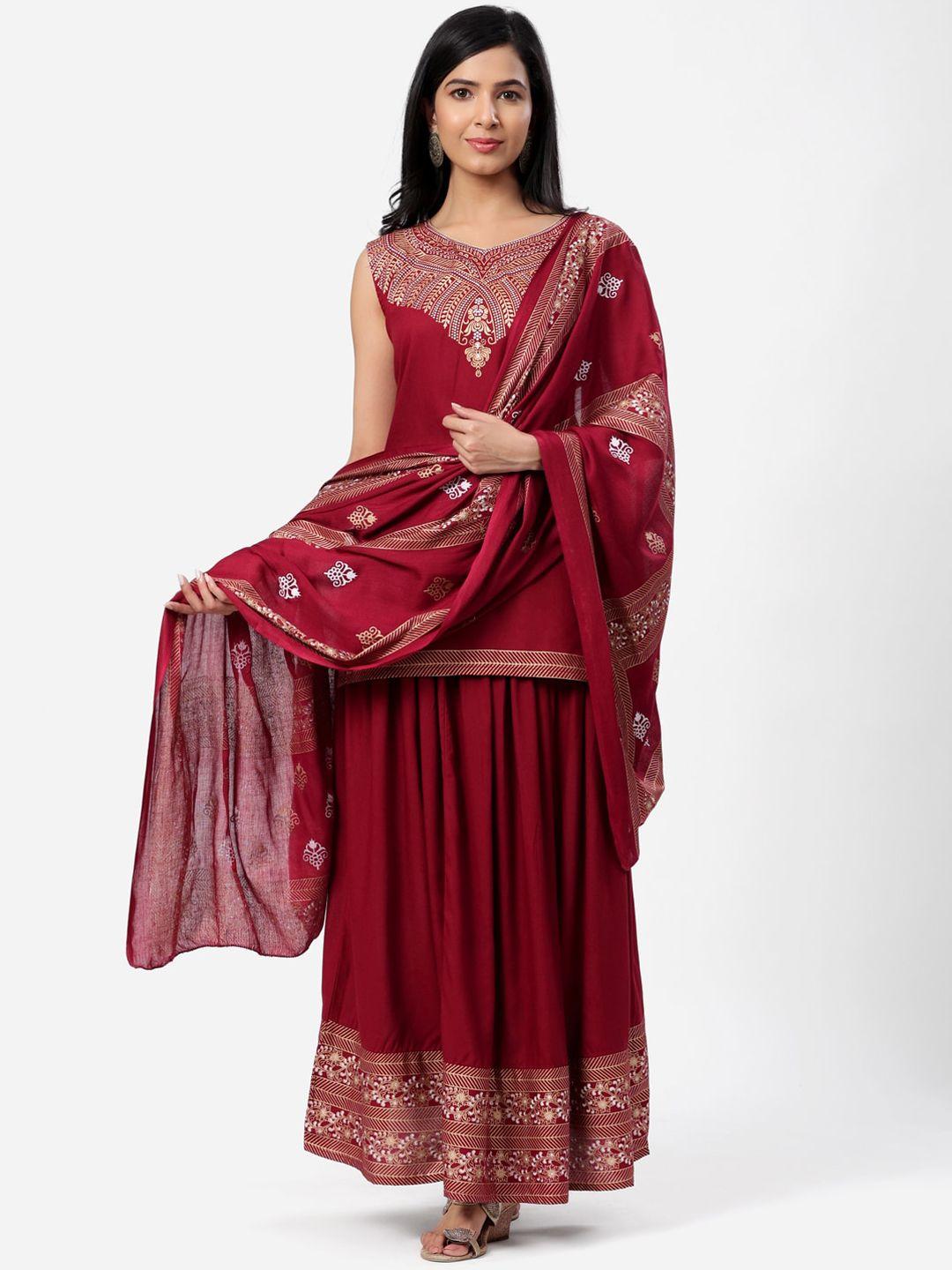 sbr baba kurti women maroon ethnic motifs printed rayon kurti with skirt & with dupatta