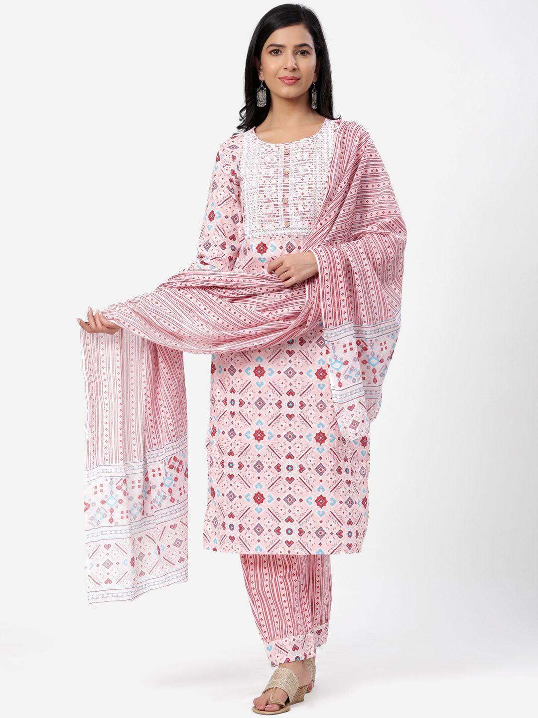 sbr baba kurti women pink ethnic motifs embroidered pure cotton kurta with trousers & with dupatta