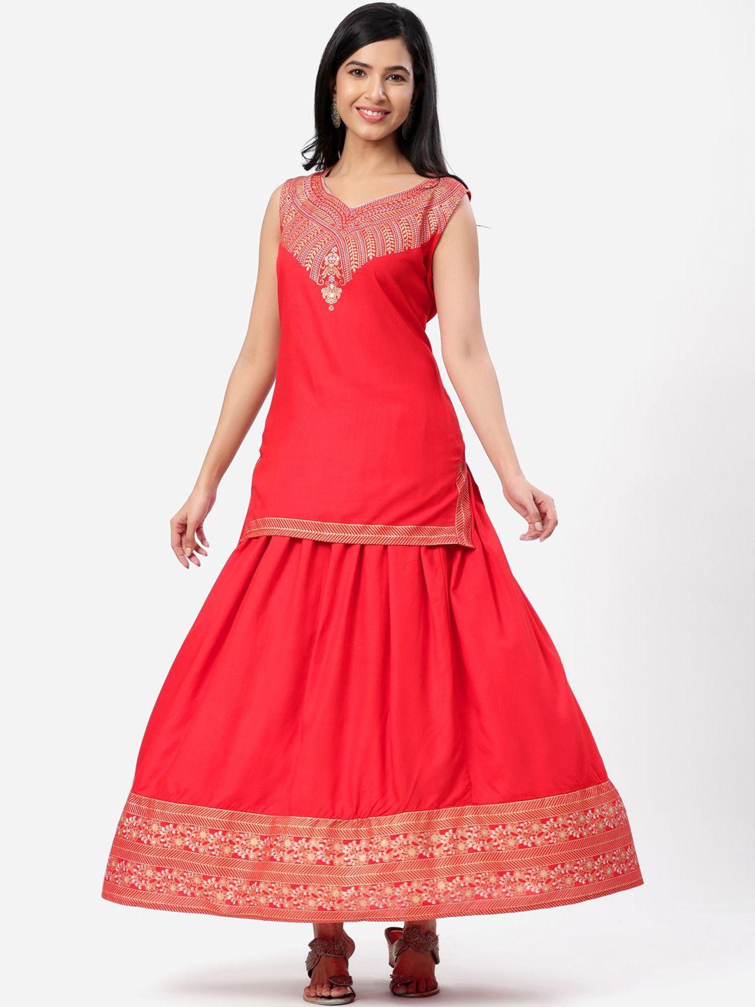 sbr baba kurti women red ethnic motifs yoke design kurta with skirt & dupatta