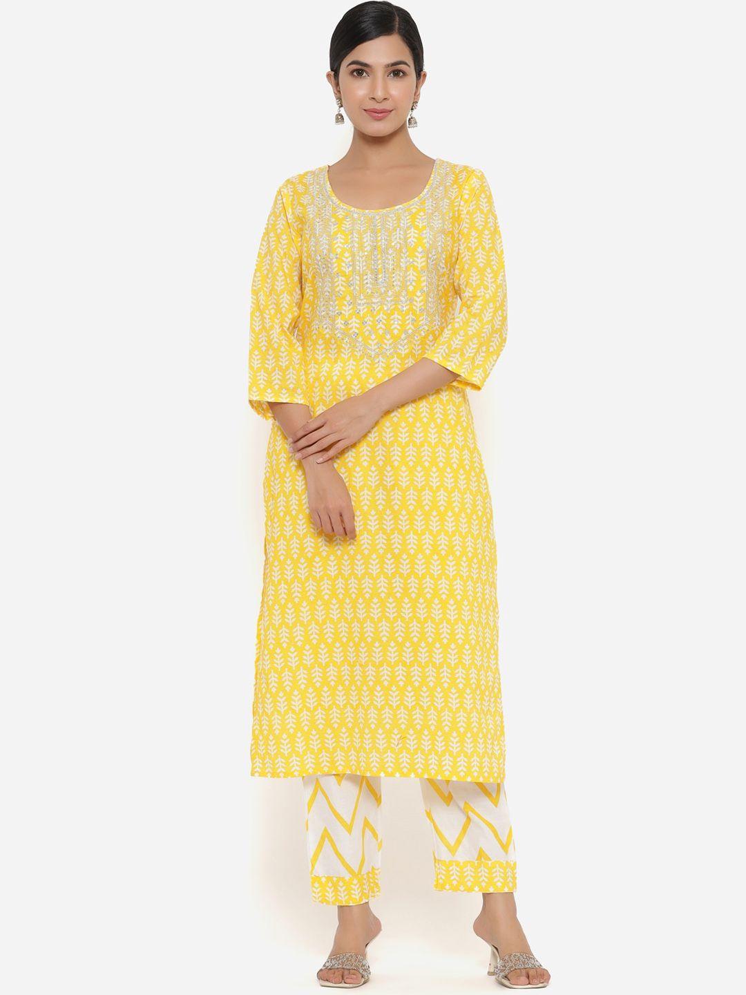 sbr baba kurti women yellow ethnic motifs printed pure cotton kurti with trousers