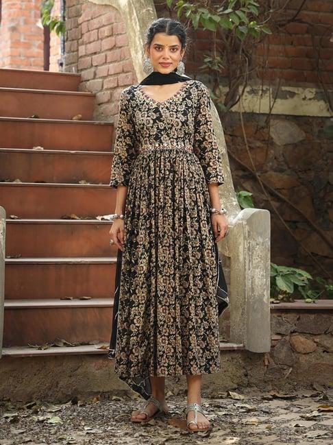 scakhi black floral print ethnic dress with dupatta
