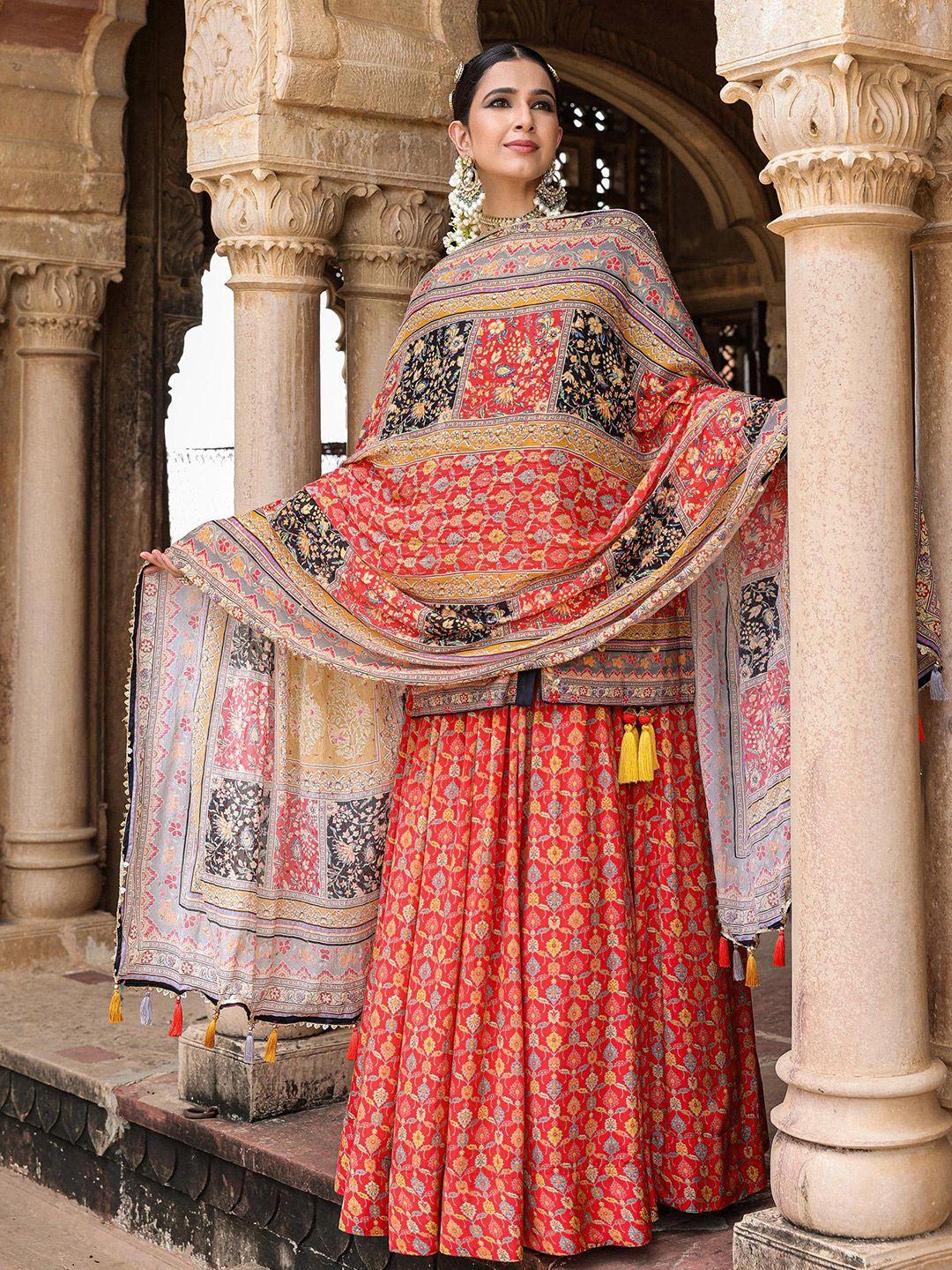 scakhi embellished thread work kalamkari ready to wear lehenga & blouse with dupatta