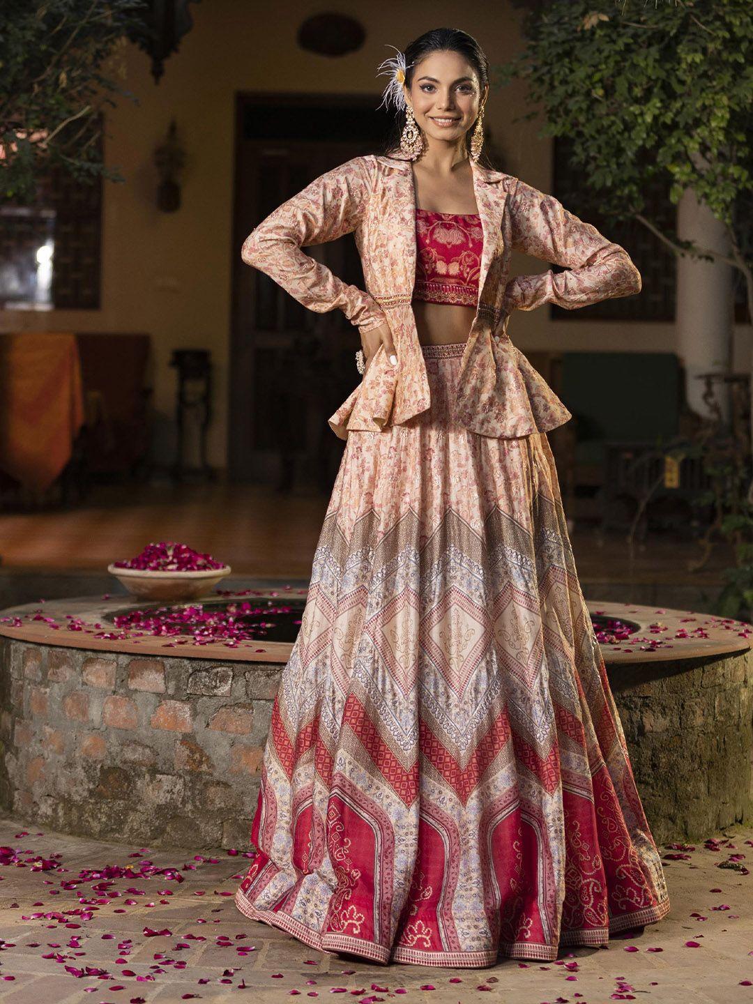 scakhi floral printed kalamkari ready to wear lehenga choli with attached blazer jacket