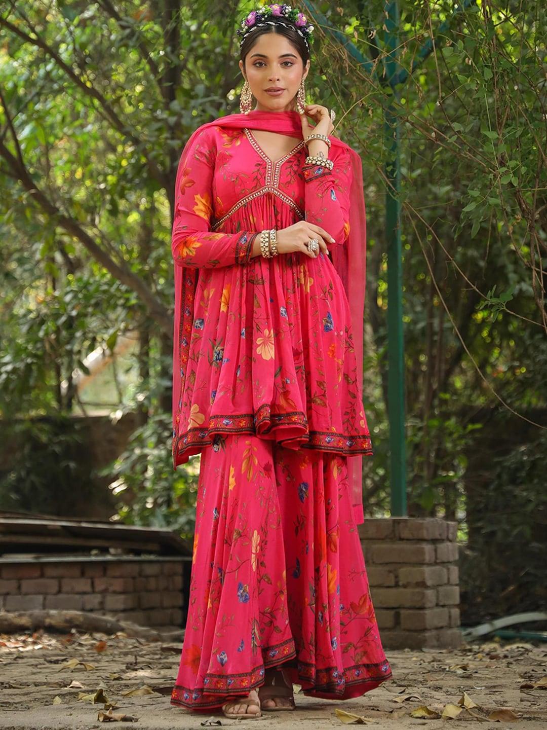 scakhi floral printed pleated beads and stones kurta with sharara & dupatta