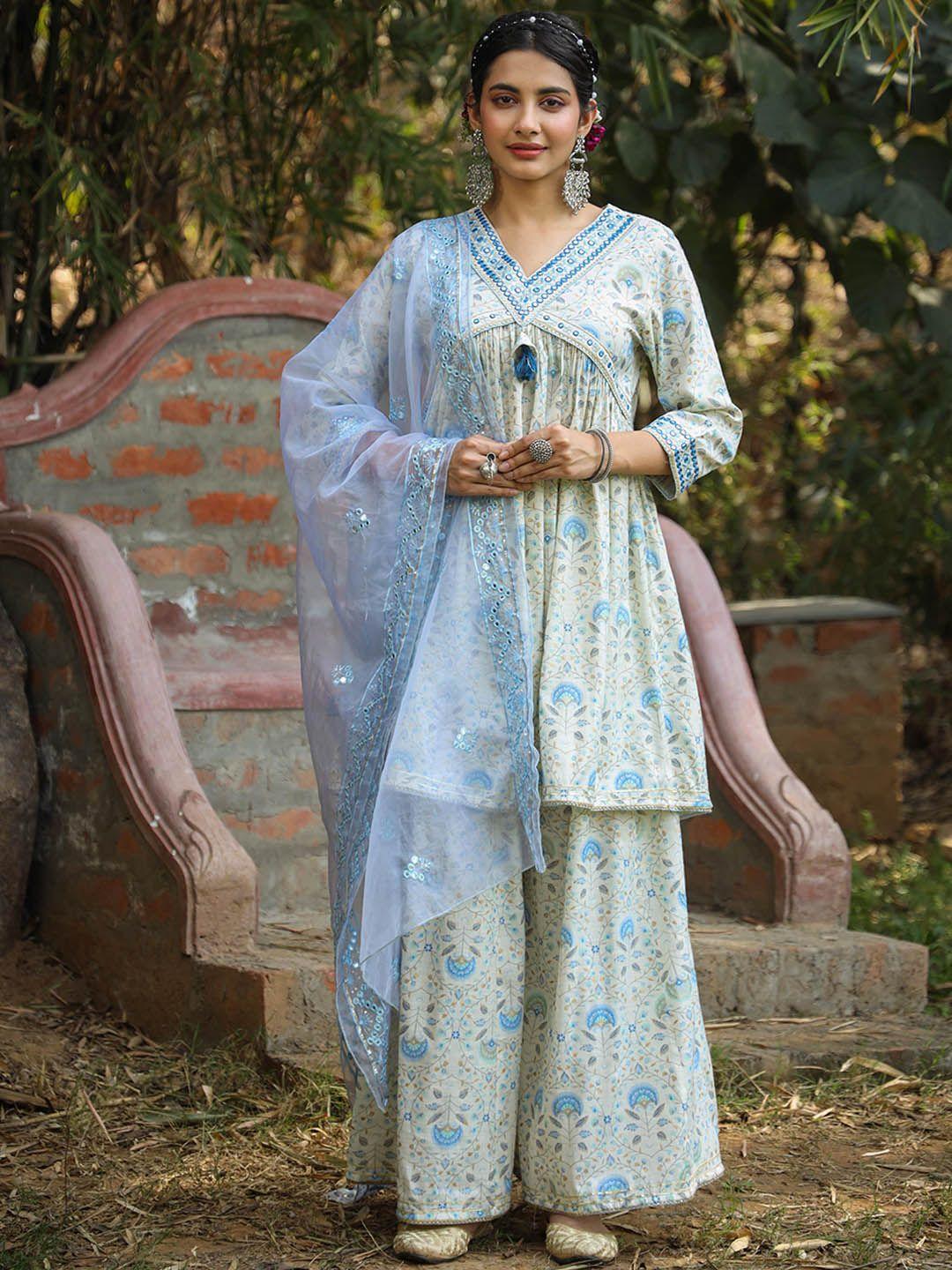 scakhi floral printed pleated pure cotton kurta with sharara & with dupatta