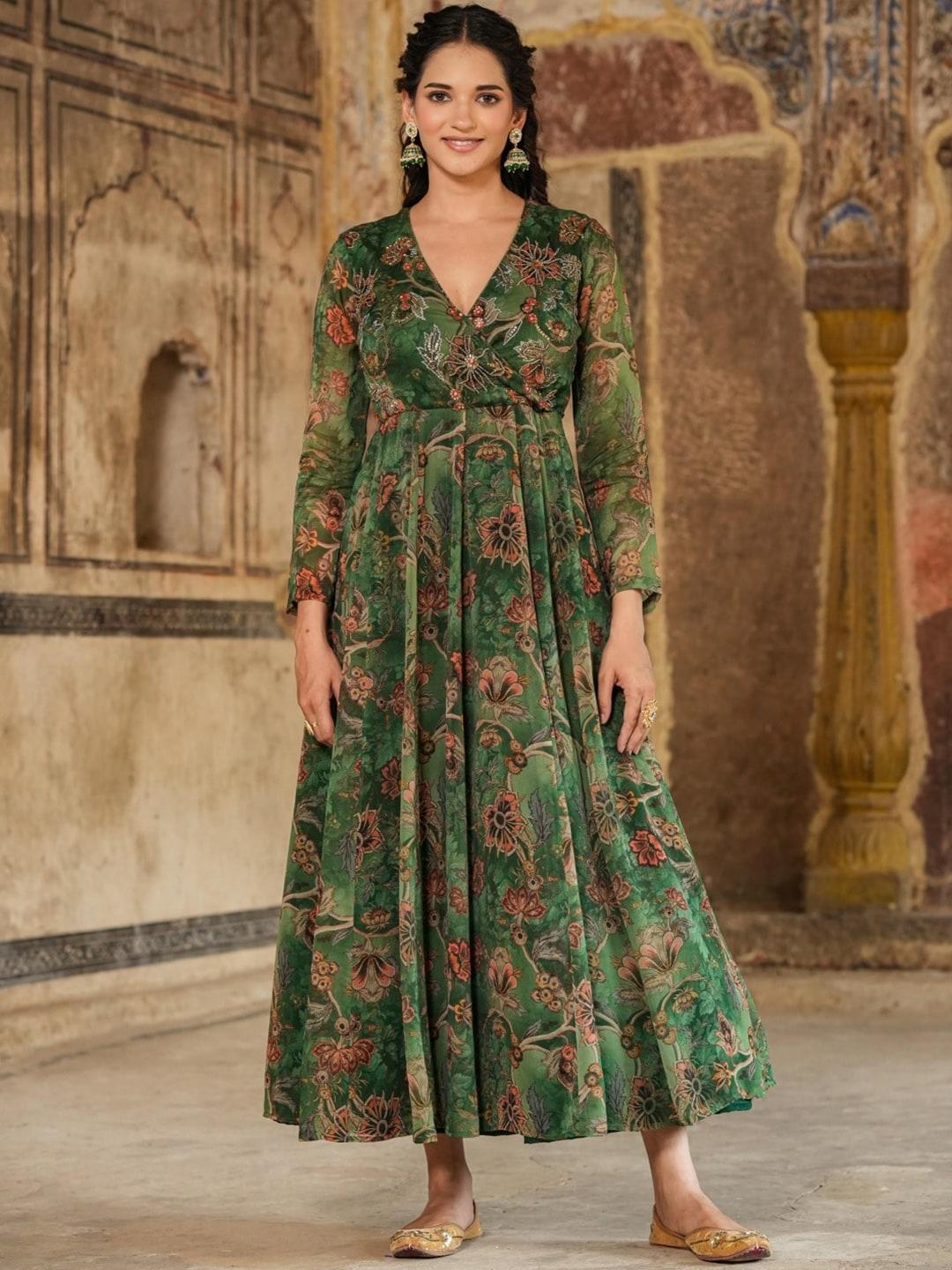 scakhi floral printed sequined silk a line ethnic dress