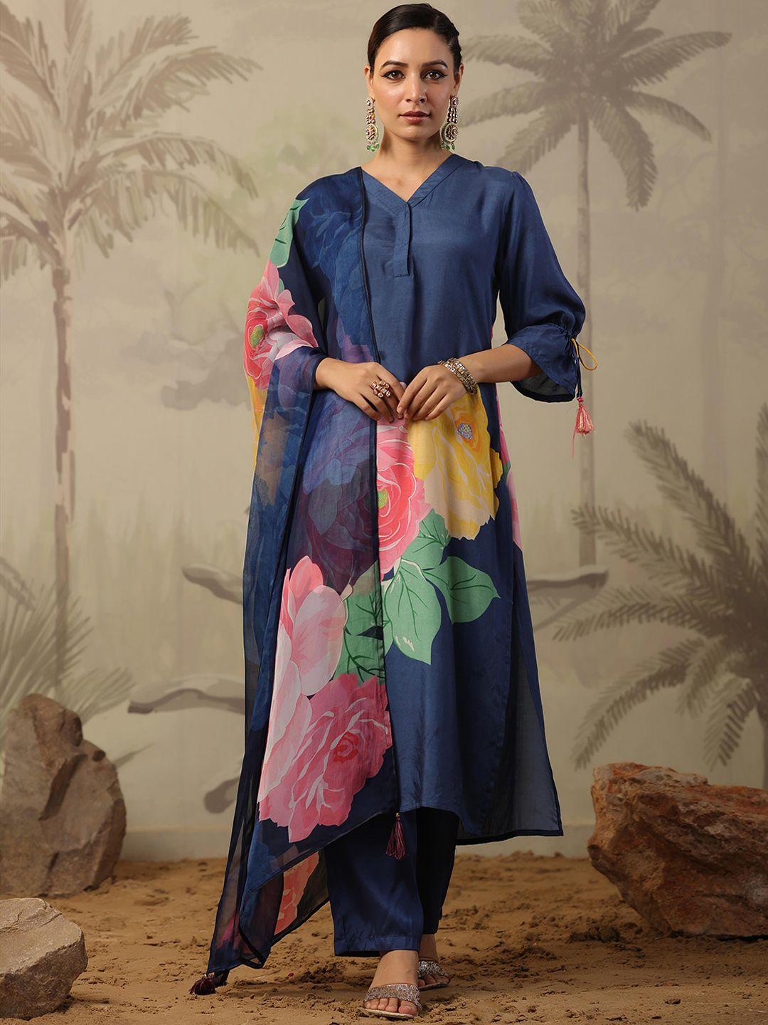 scakhi floral printed straight kurta with trousers & dupatta