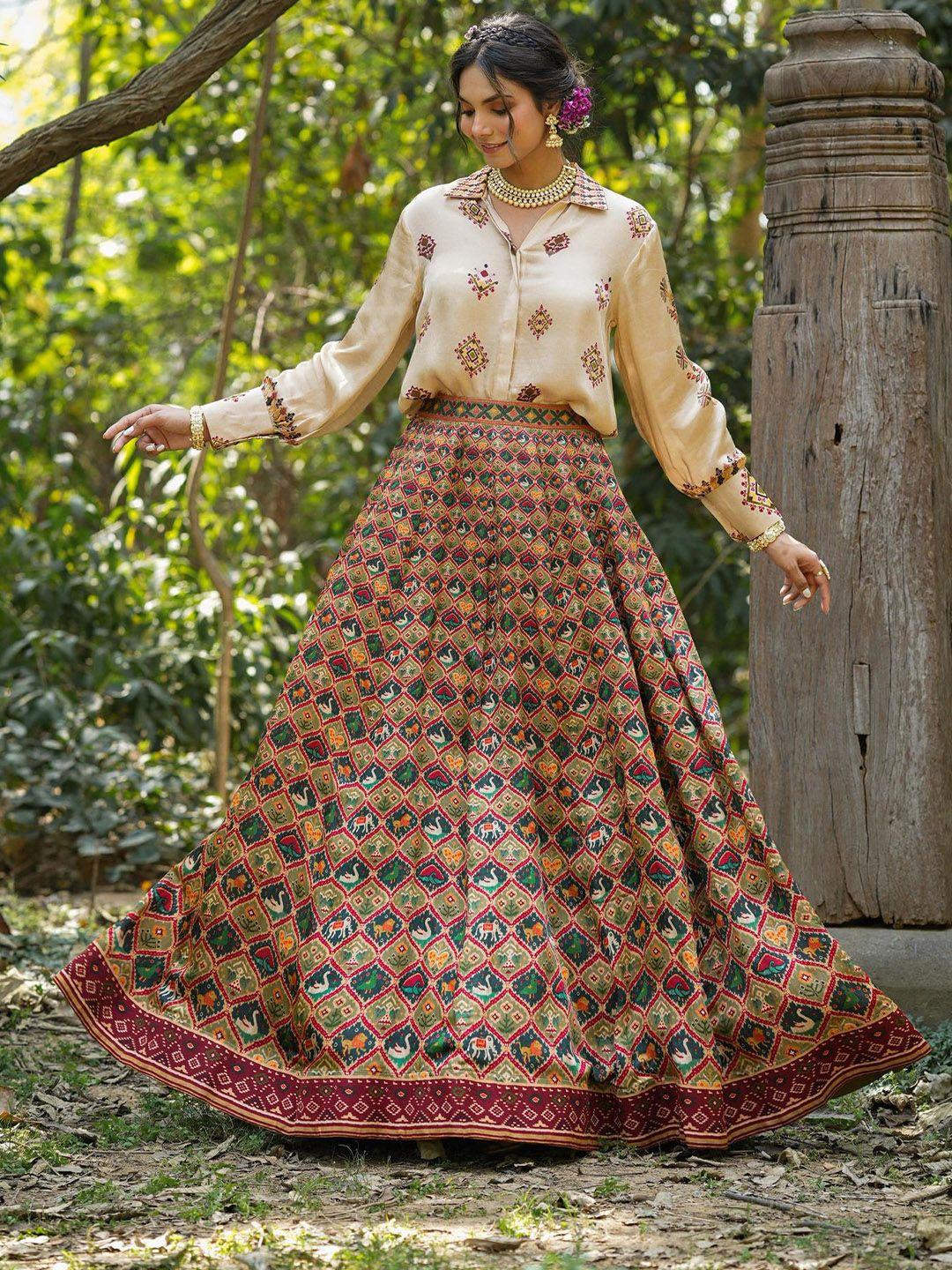 scakhi floral printed thread work kalamkari ready to wear lehenga & choli set
