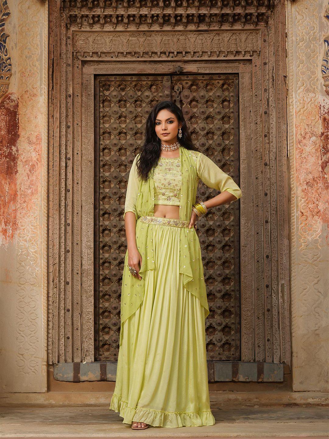 scakhi fluorescent green & gold-toned embellished mirror work ready to wear lehenga & blouse with dupatta