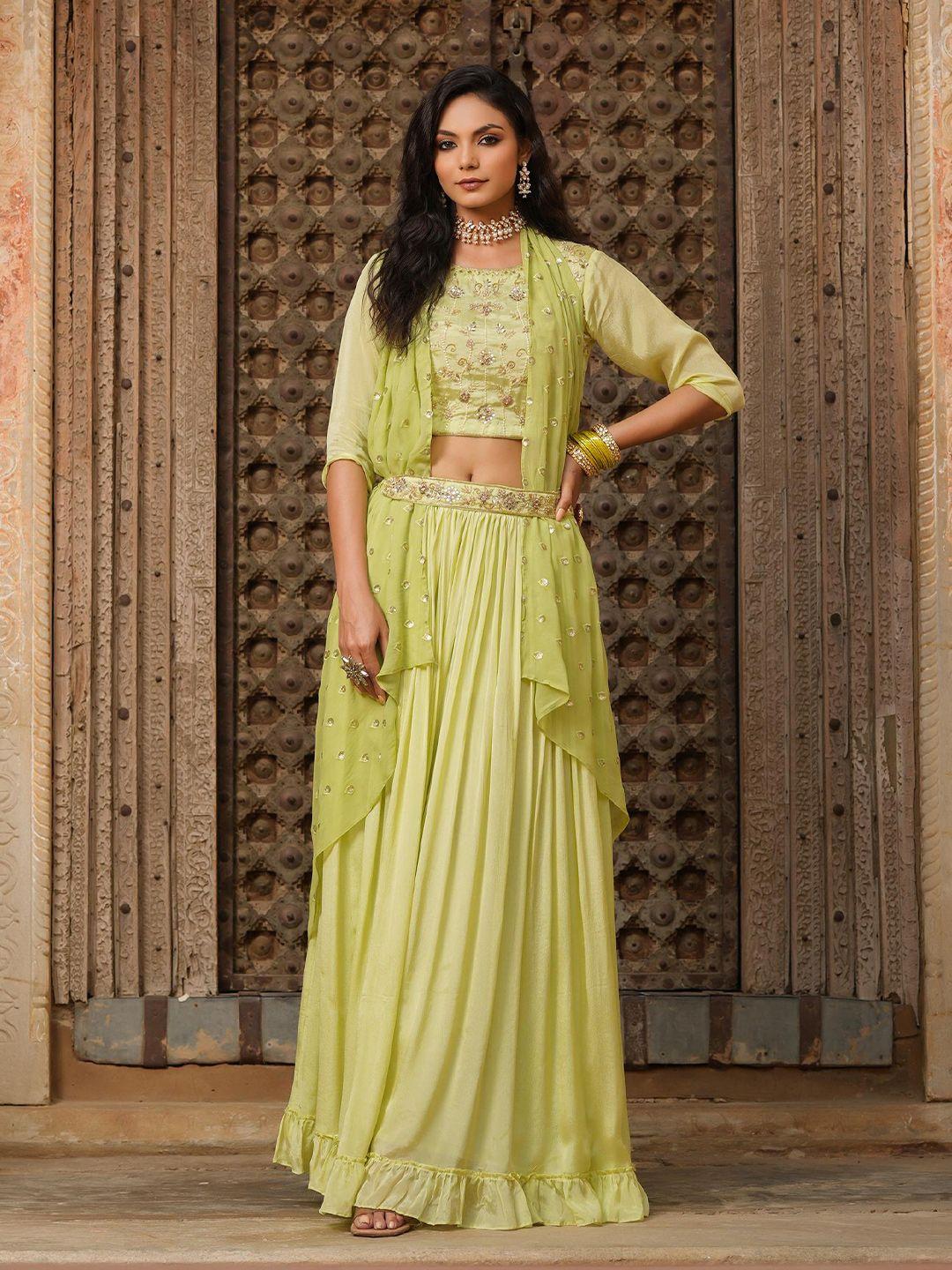 scakhi fluorescent green embellished sequinned ready to wear lehenga & blouse with dupatta
