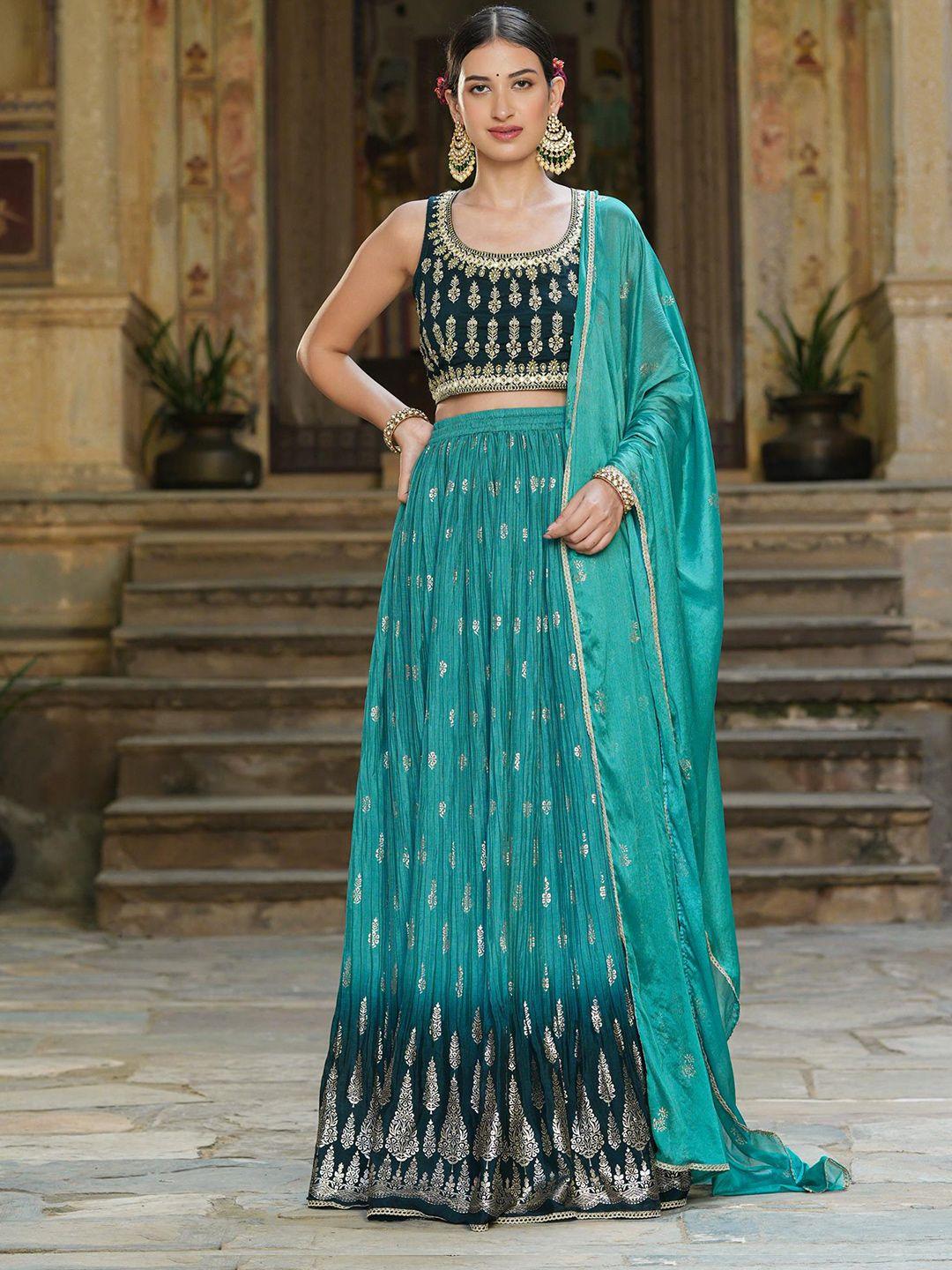 scakhi green & gold-embroidered foil print  lehenga & blouse with dupatta