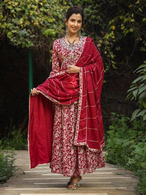 scakhi maroon floral print ethnic dress with dupatta