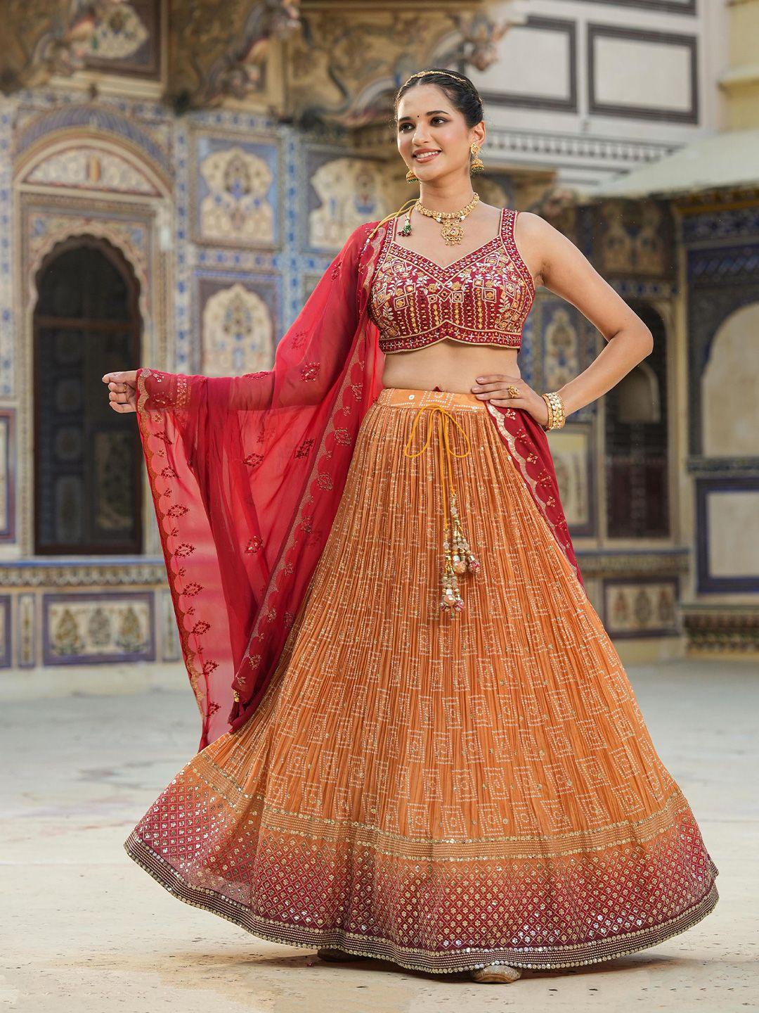 scakhi mustard & red embroidered sequinned ready to wear lehenga & blouse with dupatta