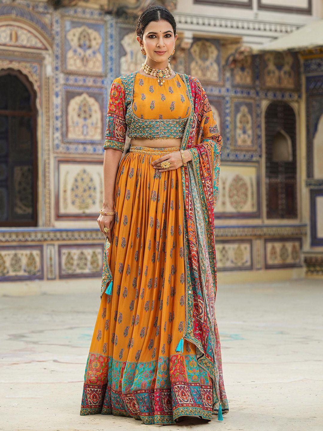scakhi printed beads and stones block print ready to wear lehenga & blouse with dupatta