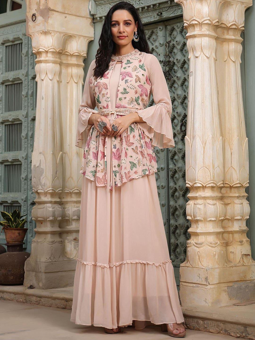 scakhi women cream-coloured floral printed flared sleeves georgette ethnic dress