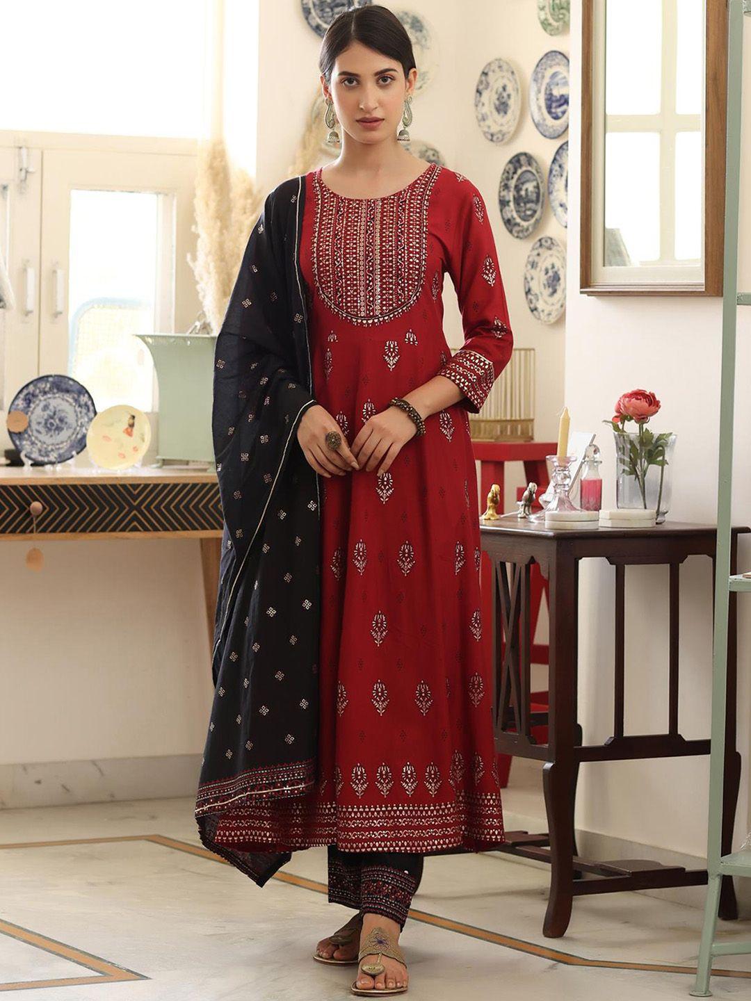scakhi women ethnic motifs printed panelled kurta with trousers & with dupatta