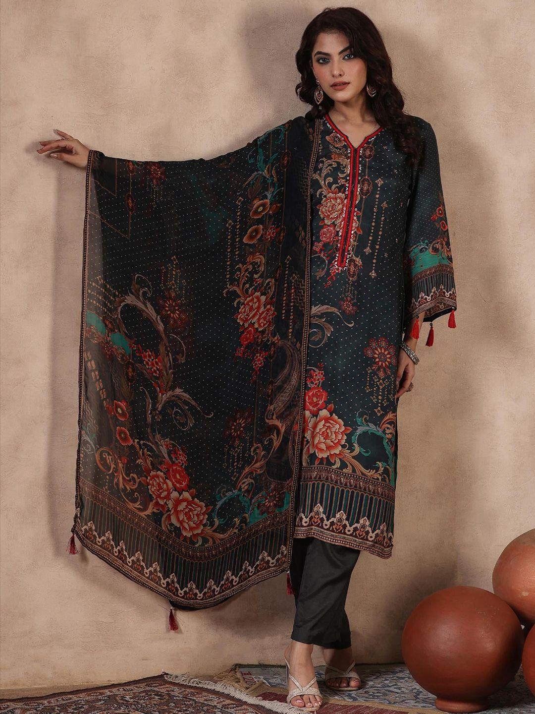 scakhi women green floral printed regular beads and stones kurta with trousers & with dupatta