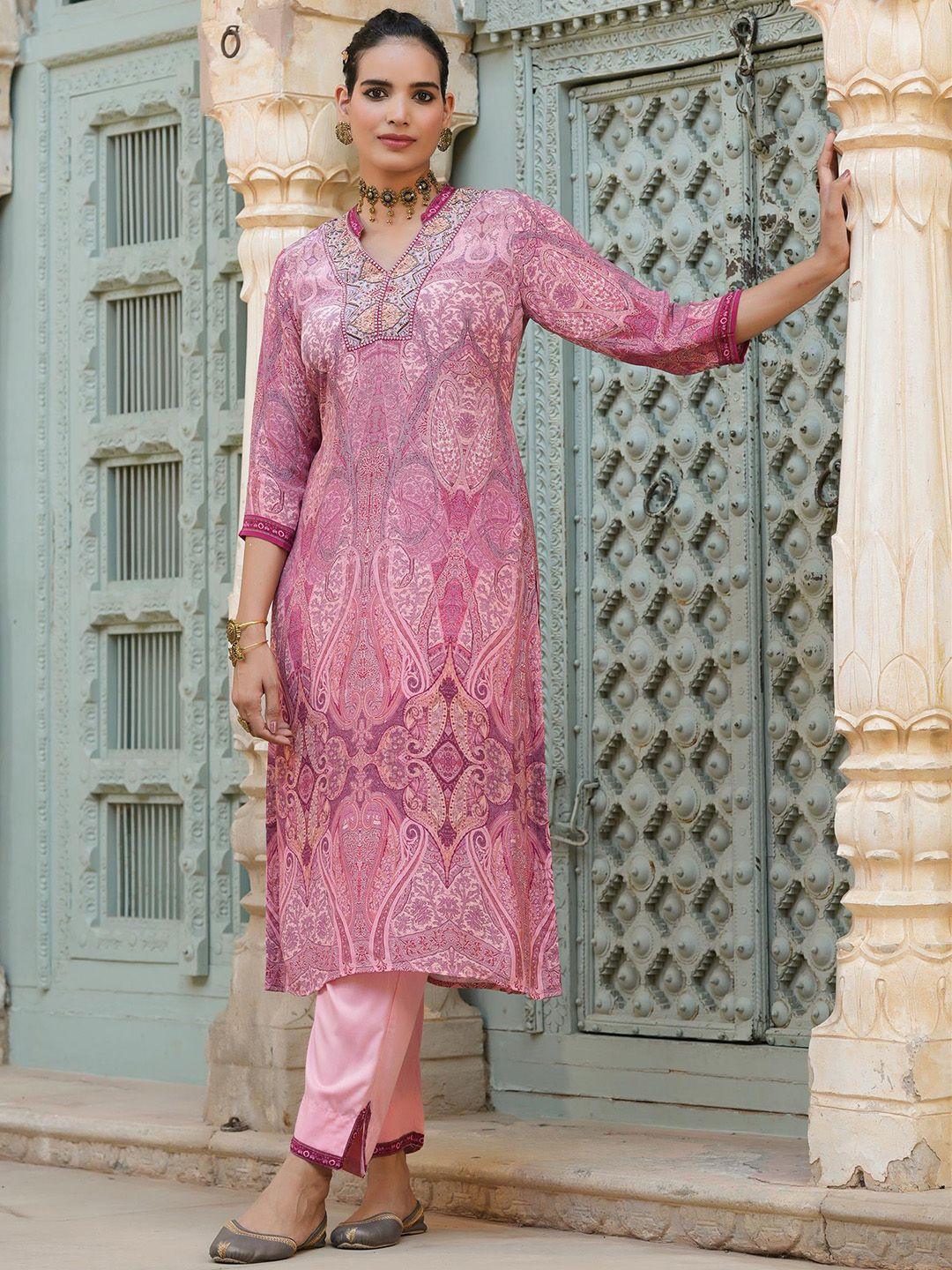 scakhi women lavender & pink ethnic motifs printed kurta with trousers